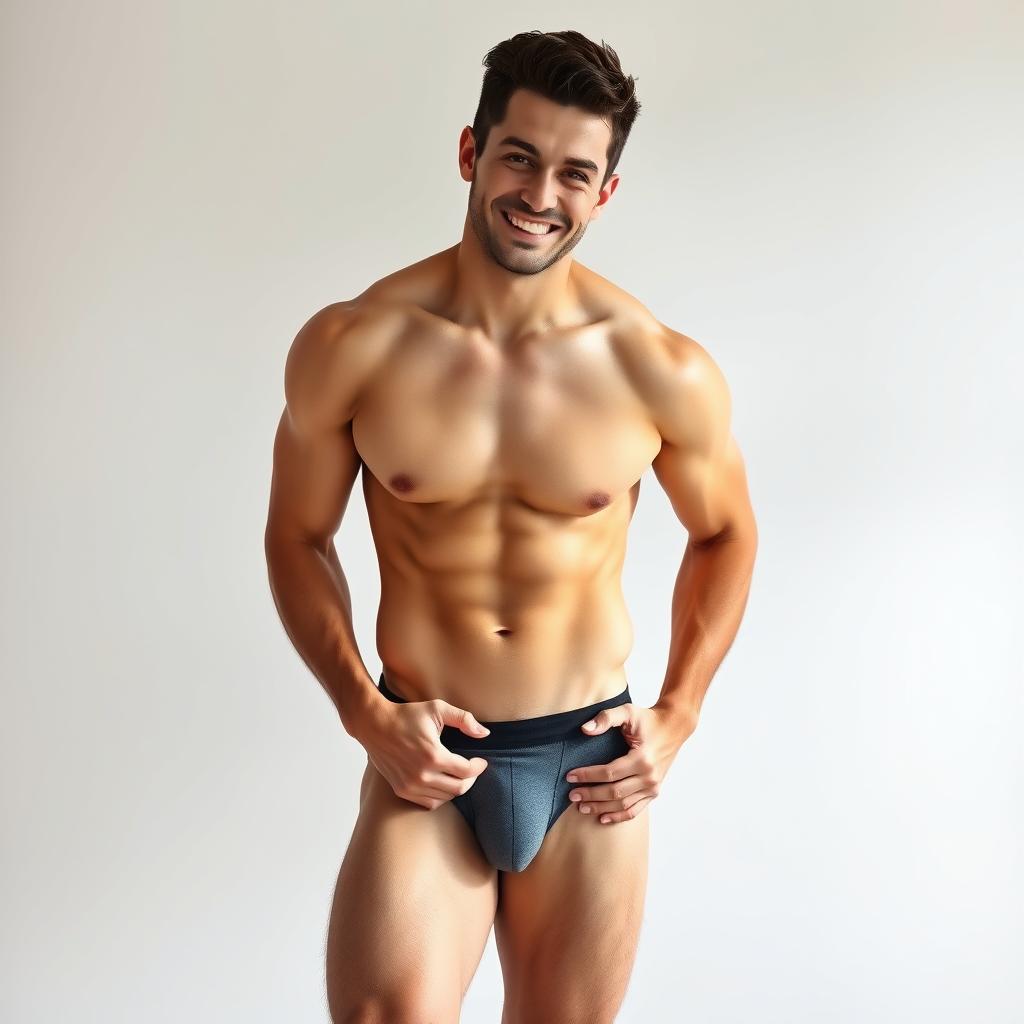 A man standing confidently wearing only stylish underwear, with one hand placed strategically on his underwear to discreetly cover his groin area
