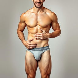 A man standing confidently wearing only stylish underwear, with one hand placed strategically on his underwear to discreetly cover his groin area