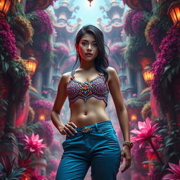 A young woman exuding confidence, wearing a vibrant bejeweled crop top and low-rise pants that showcase her toned midriff