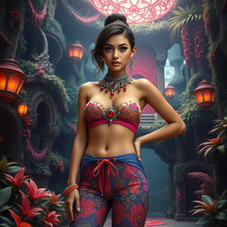 A young woman exuding confidence, wearing a vibrant bejeweled crop top and low-rise pants that showcase her toned midriff