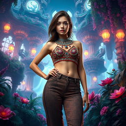 A young woman exuding confidence, wearing a vibrant bejeweled crop top and low-rise pants that showcase her toned midriff