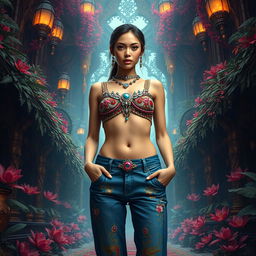 A young woman exuding confidence, wearing a vibrant bejeweled crop top and low-rise pants that showcase her toned midriff