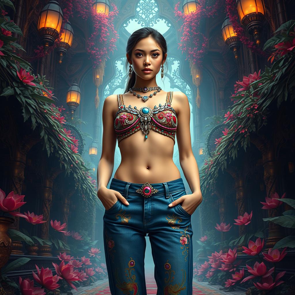 A young woman exuding confidence, wearing a vibrant bejeweled crop top and low-rise pants that showcase her toned midriff