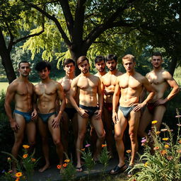 A group of confident nude men displayed in an artistic and tasteful manner, capturing their natural forms in a serene outdoor environment