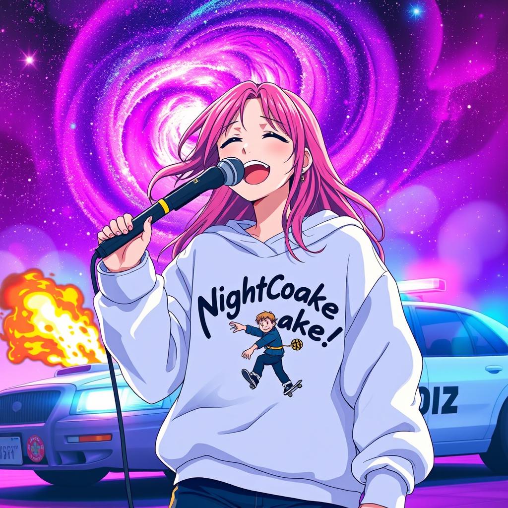 An energetic anime scene featuring a dynamic 30-year-old woman with vibrant, flowing hair, singing energetically into a microphone