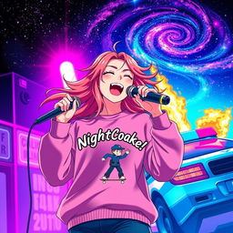 An energetic anime scene featuring a dynamic 30-year-old woman with vibrant, flowing hair, singing energetically into a microphone