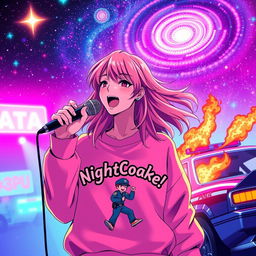 An energetic anime scene featuring a dynamic 30-year-old woman with vibrant, flowing hair, singing energetically into a microphone