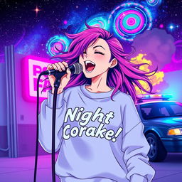 An energetic anime scene featuring a dynamic 30-year-old woman with vibrant, flowing hair, singing energetically into a microphone
