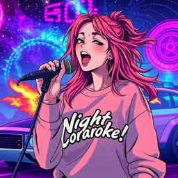 An energetic anime scene featuring a dynamic 30-year-old woman with vibrant, flowing hair, singing energetically into a microphone