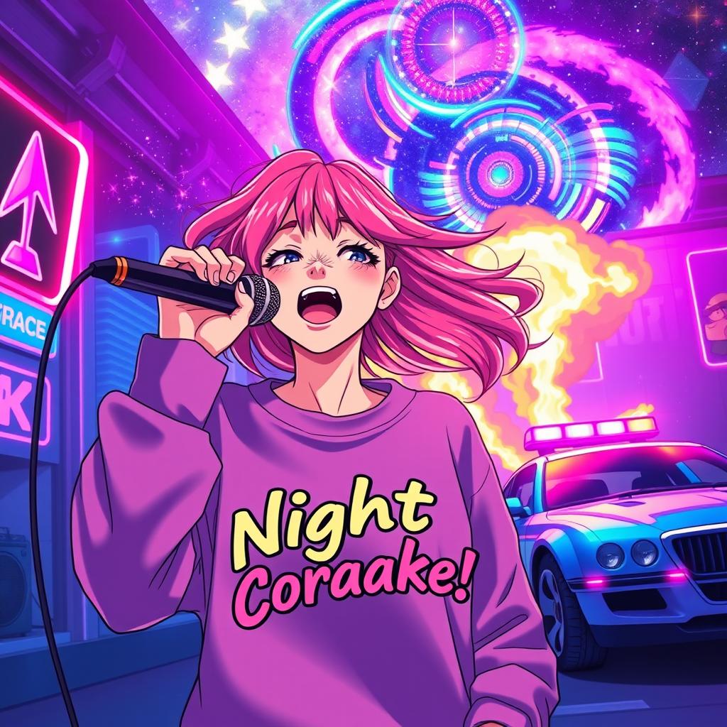 An energetic anime scene featuring a dynamic 30-year-old woman with vibrant, flowing hair, singing energetically into a microphone