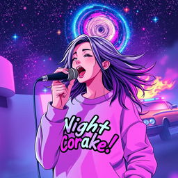 An energetic anime scene featuring a dynamic 30-year-old woman with vibrant, flowing hair, singing energetically into a microphone