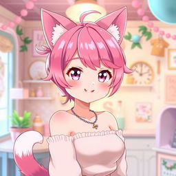 A cute femboy with neko features, sporting vibrant pink hair styled playfully