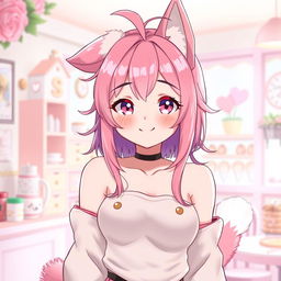 A cute femboy with neko features, sporting vibrant pink hair styled playfully