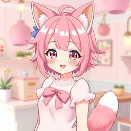 A cute femboy with neko features, sporting vibrant pink hair styled playfully