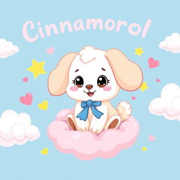 A cute, fluffy cartoon puppy character named Cinnamoroll, with long ears, big round eyes, and a curled tail