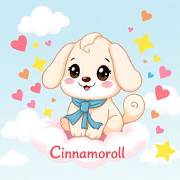 A cute, fluffy cartoon puppy character named Cinnamoroll, with long ears, big round eyes, and a curled tail