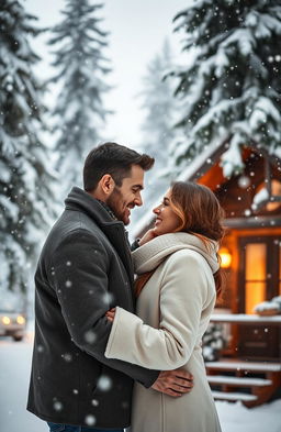 A serene winter landscape depicting a couple embracing under softly falling snowflakes, surrounded by snow-covered trees