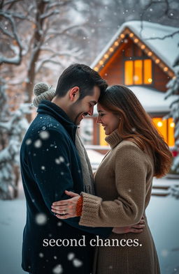 A serene winter landscape depicting a couple embracing under softly falling snowflakes, surrounded by snow-covered trees