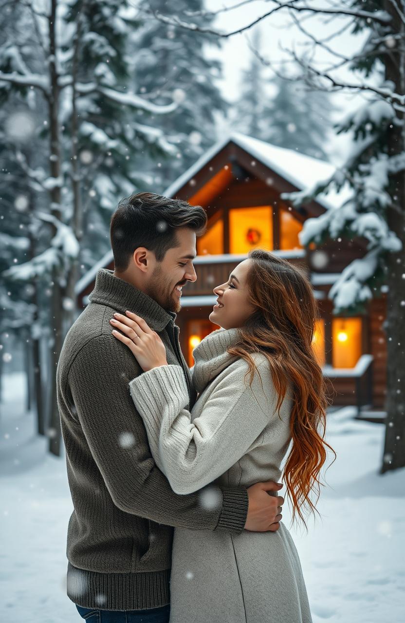 A serene winter landscape depicting a couple embracing under softly falling snowflakes, surrounded by snow-covered trees