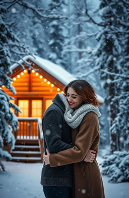 A serene winter landscape depicting a couple embracing under softly falling snowflakes, surrounded by snow-covered trees