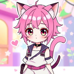 A cute femboy character with vibrant pink hair, displaying cat-like features (neko) such as cat ears and a tail