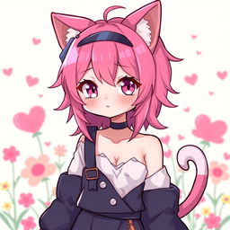 A cute femboy character with vibrant pink hair, displaying cat-like features (neko) such as cat ears and a tail