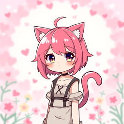 A cute femboy character with vibrant pink hair, displaying cat-like features (neko) such as cat ears and a tail