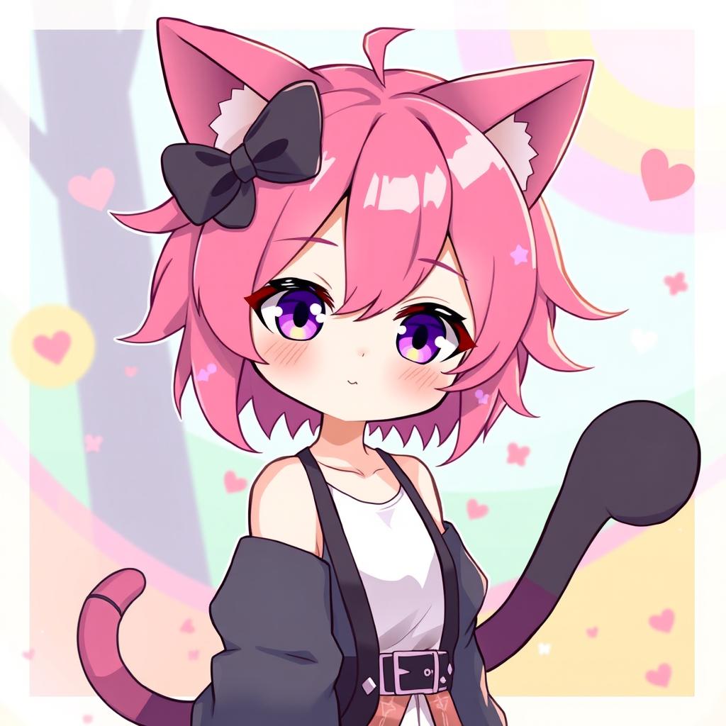 A cute femboy character with vibrant pink hair, displaying cat-like features (neko) such as cat ears and a tail