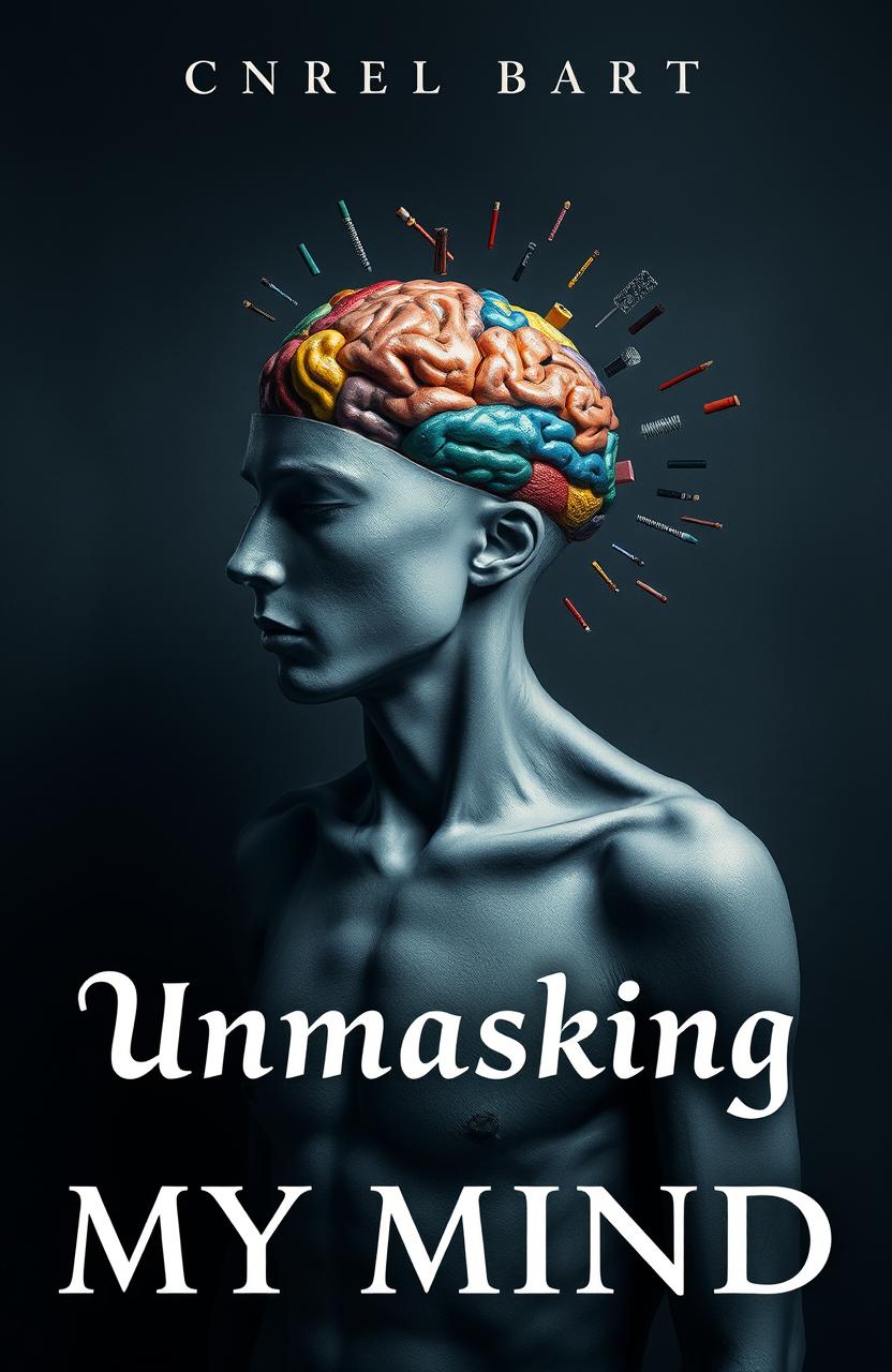 A dramatic and surreal artwork featuring a grey man with his head disassembled, revealing his colorful brain, which contrasts starkly with the monochrome figure