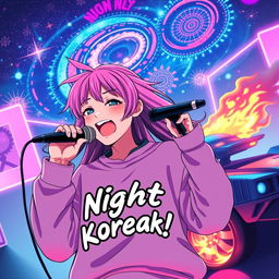 An energetic anime scene featuring a dynamic 30-year-old girl with vibrant, flowing hair, passionately singing into a microphone
