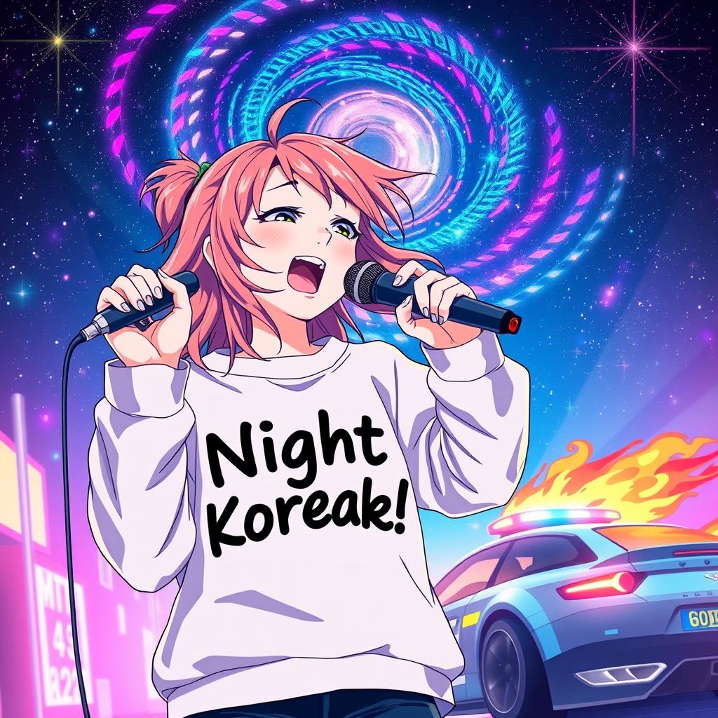 An energetic anime scene featuring a dynamic 30-year-old girl with vibrant, flowing hair, passionately singing into a microphone