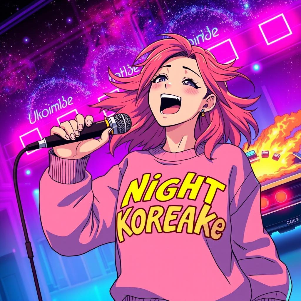 An energetic anime scene featuring a dynamic 30-year-old woman with vibrant, flowing hair, singing enthusiastically into a microphone
