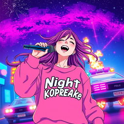 An energetic anime scene featuring a dynamic 30-year-old woman with vibrant, flowing hair, singing enthusiastically into a microphone