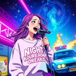 An energetic anime scene featuring a dynamic 30-year-old woman with vibrant, flowing hair, singing enthusiastically into a microphone