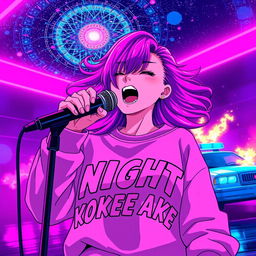 An energetic anime scene featuring a dynamic 30-year-old woman with vibrant, flowing hair, singing enthusiastically into a microphone