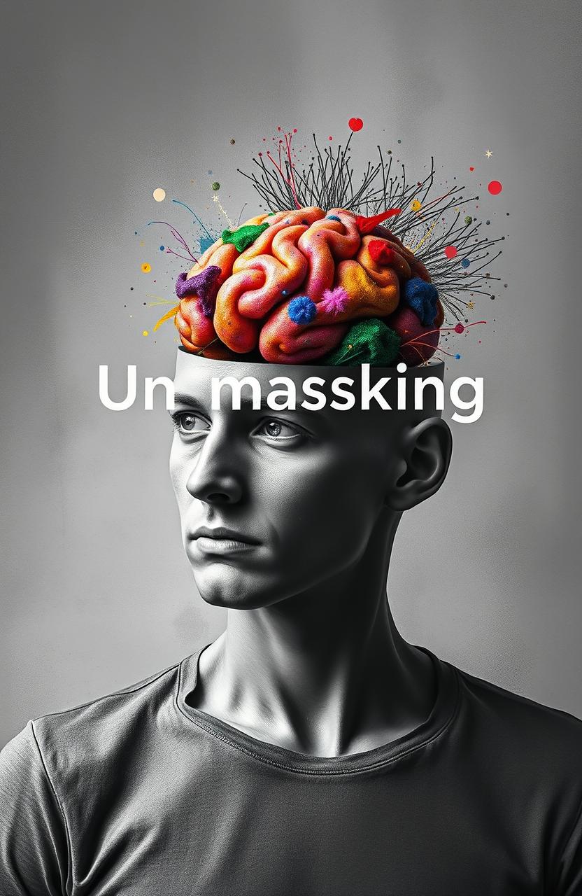 A surreal and thought-provoking artwork depicting a grey man with his head opened up, revealing a colorful, vibrant brain amidst a monochromatic scene