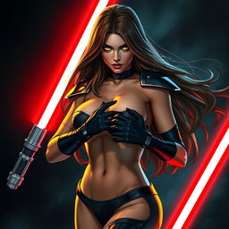 A seductive and powerful Sith character with striking yellow eyes and long flowing brown hair