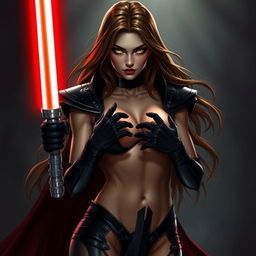 A seductive and powerful Sith character with striking yellow eyes and long flowing brown hair