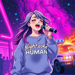 An energetic anime scene featuring a dynamic 30-year-old woman with vibrant, flowing hair, singing enthusiastically into a microphone