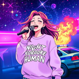 An energetic anime scene featuring a dynamic 30-year-old woman with vibrant, flowing hair, singing enthusiastically into a microphone