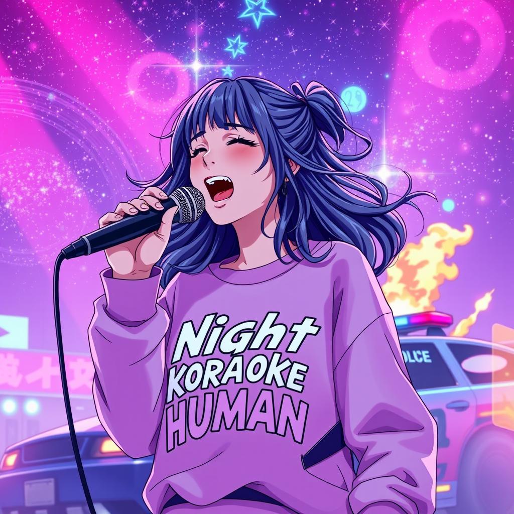 An energetic anime scene featuring a dynamic 30-year-old woman with vibrant, flowing hair, singing enthusiastically into a microphone