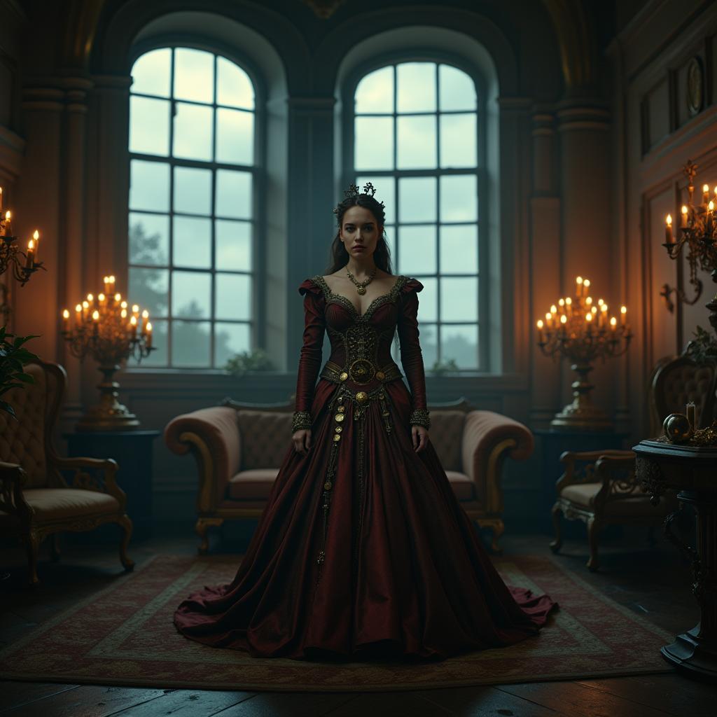 An intimate scene set in a dimly lit, steampunk palace room featuring a melancholic queen
