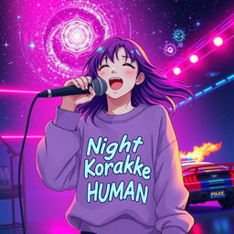 An energetic anime scene featuring a dynamic 30-year-old girl with vibrant, flowing hair, passionately singing into a microphone