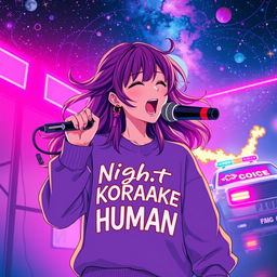 An energetic anime scene featuring a dynamic 30-year-old girl with vibrant, flowing hair, passionately singing into a microphone