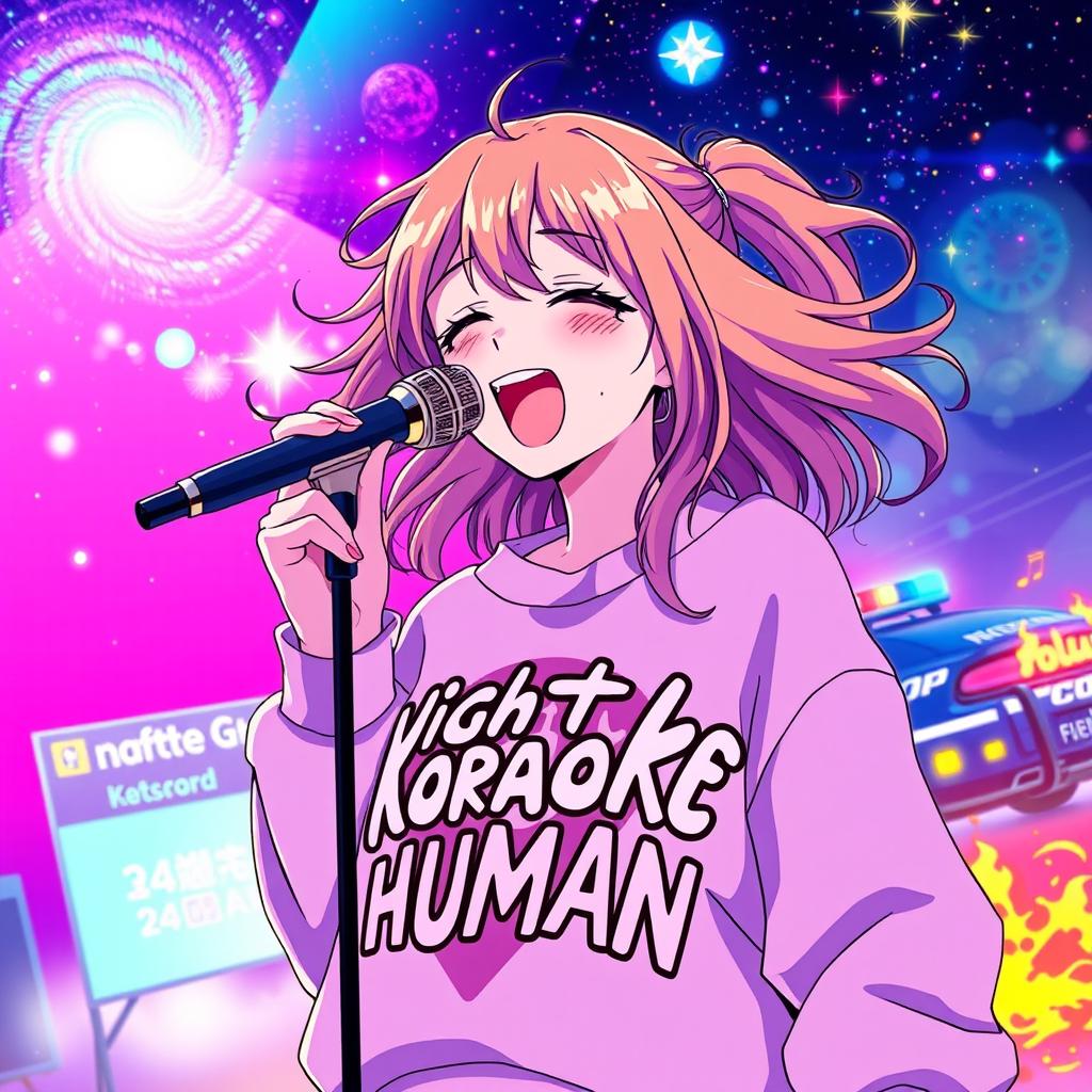 An energetic anime scene featuring a dynamic 30-year-old girl with vibrant, flowing hair, passionately singing into a microphone