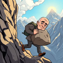 A cartoon illustration of a determined Jeff Bezos, in vector style, struggling to carry a large stone while climbing a steep mountain