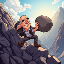 A cartoon illustration of a determined Jeff Bezos, in vector style, struggling to carry a large stone while climbing a steep mountain