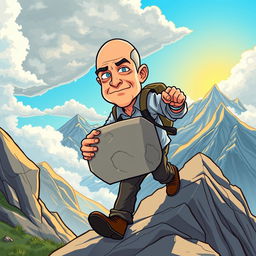 A cartoon illustration of a determined Jeff Bezos, in vector style, struggling to carry a large stone while climbing a steep mountain