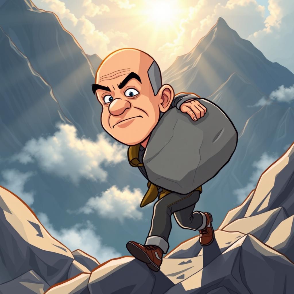 A cartoon illustration of a determined Jeff Bezos, in vector style, struggling to carry a large stone while climbing a steep mountain