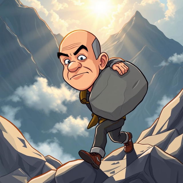 A cartoon illustration of a determined Jeff Bezos, in vector style, struggling to carry a large stone while climbing a steep mountain